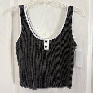 Mm Mm Mm Henley Textured Stripe Crop Tank Top Sleeveless Charcoal Gray & White